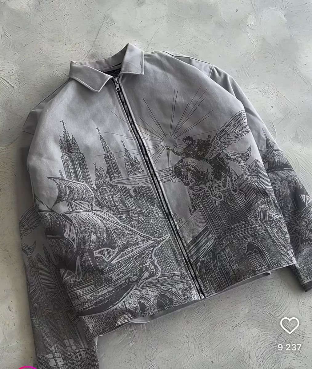 Grey Renaissance Print Zip Jacket