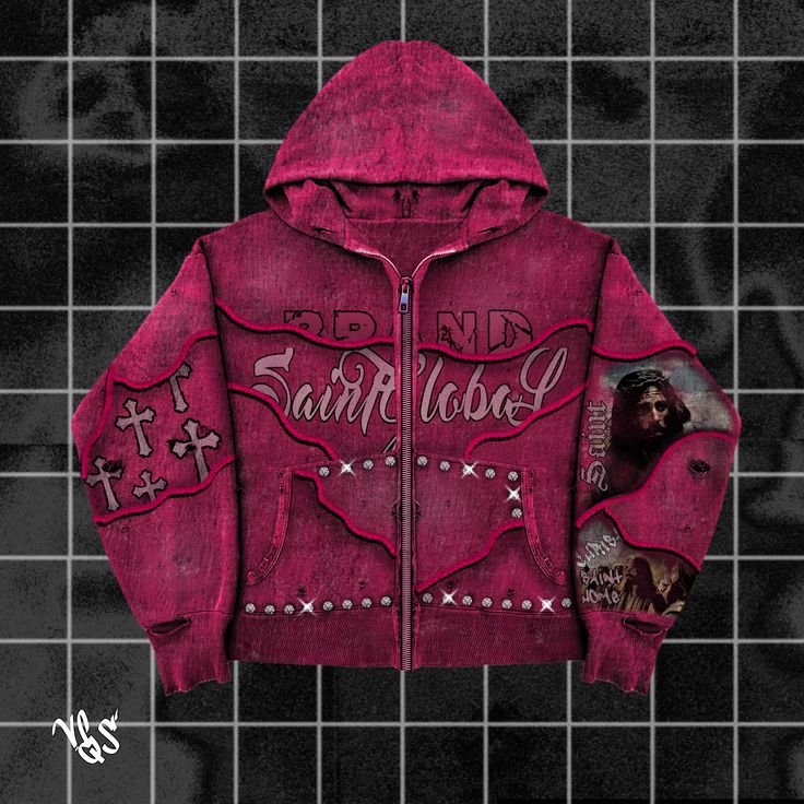 Gothic "Saint Global" Studded Zip Hoodie