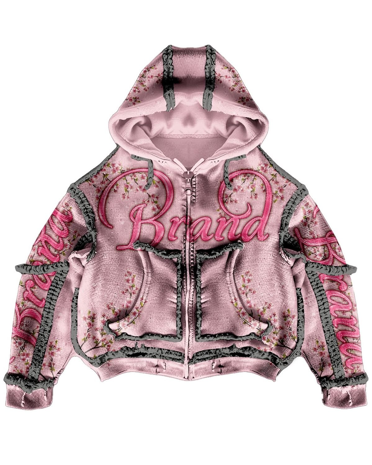 Y2K Cherry Blossom Raw-Hem Zip Hoodie