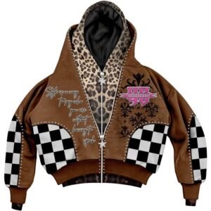 Y2K Leopard & Checkerboard Layered Zip Hoodie