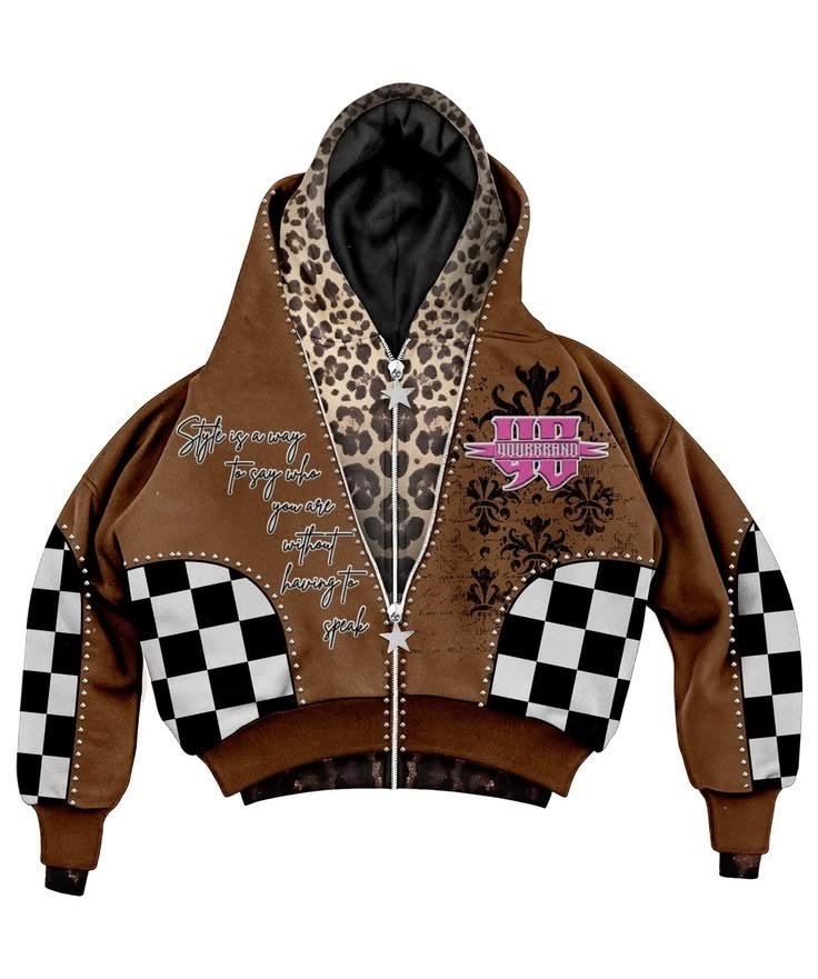 Y2K Leopard & Checkerboard Layered Zip Hoodie
